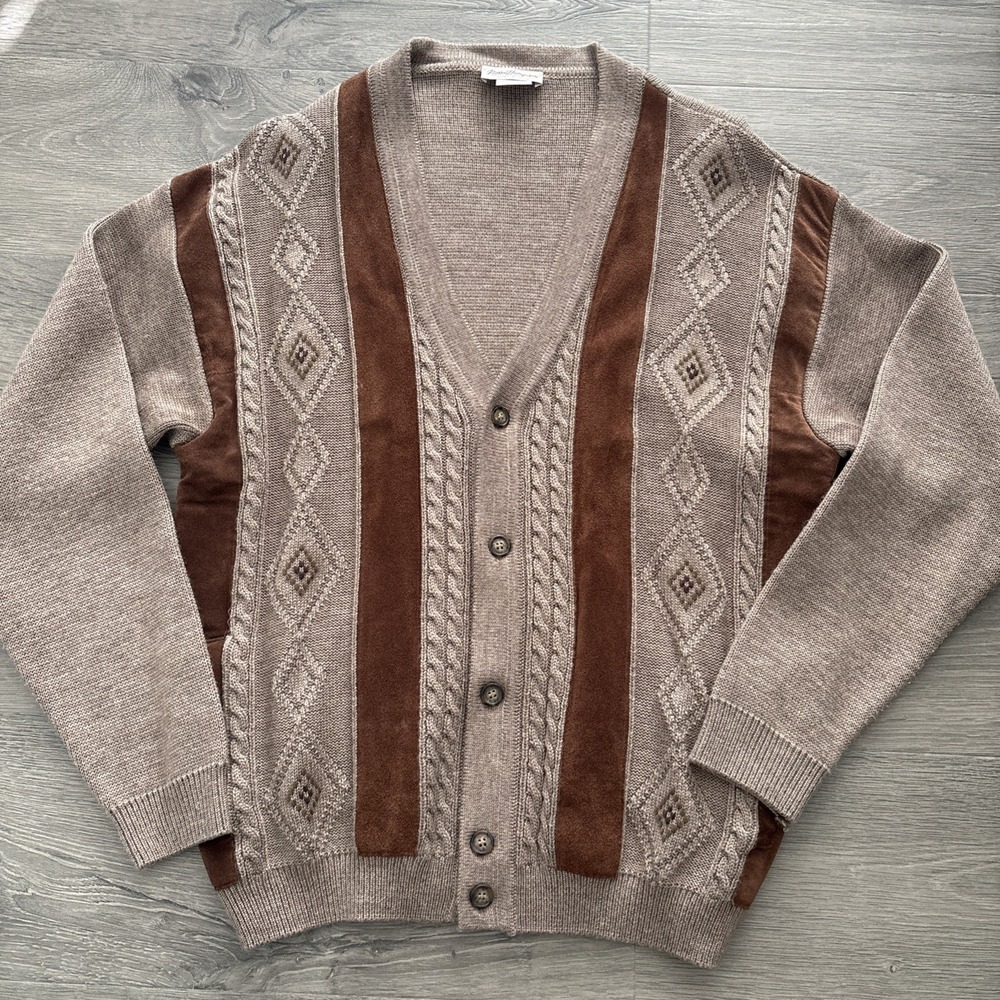 VTG Norm Thompson Mens L Cosby Leather Wool Cable Knit Cardigan Sweater Italy